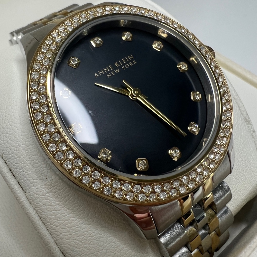 Anne Klein Two-Tone Watch with Crystal-Studded Bezel